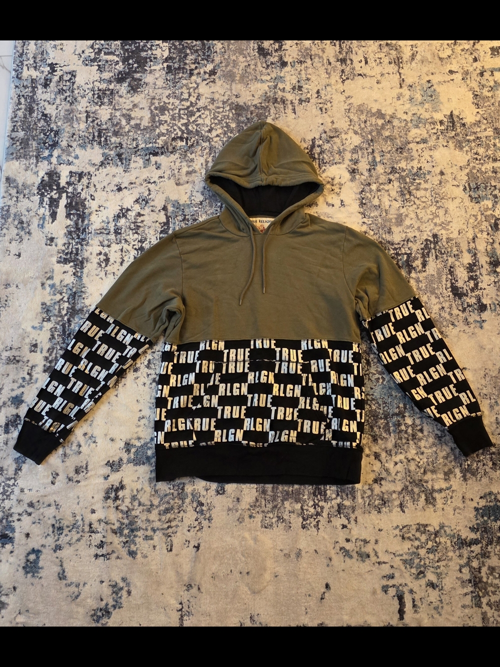 True Religion Olive and Black Logo-Print Crewneck Hoodie